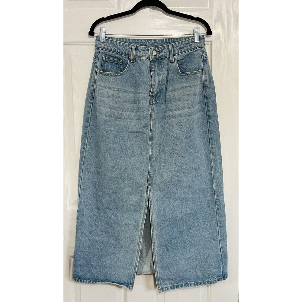 Unbranded Long Midi Denim‎ Skirt Mid-High Rise Straight Fit Front Slit 90's Sz M